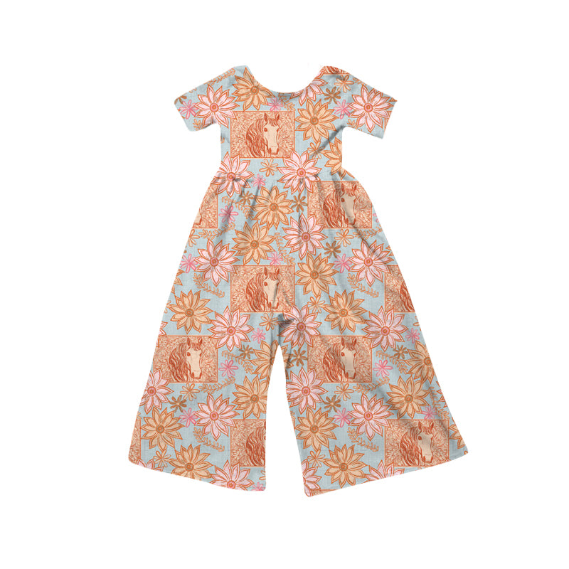 Preorder (moq 5)Baby Girls Short Sleeve Daisy Flowers Horses Western Jumpsuits
