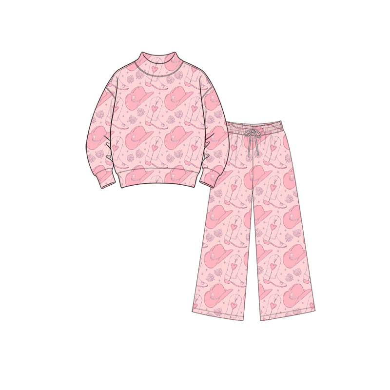 Preorder (moq5) Girls’ Pink Hat & Boot Print Corduroy 2-Piece Set, Mock Neck Long-Sleeve Top with Wide-Leg Pants, Fall Outfit
