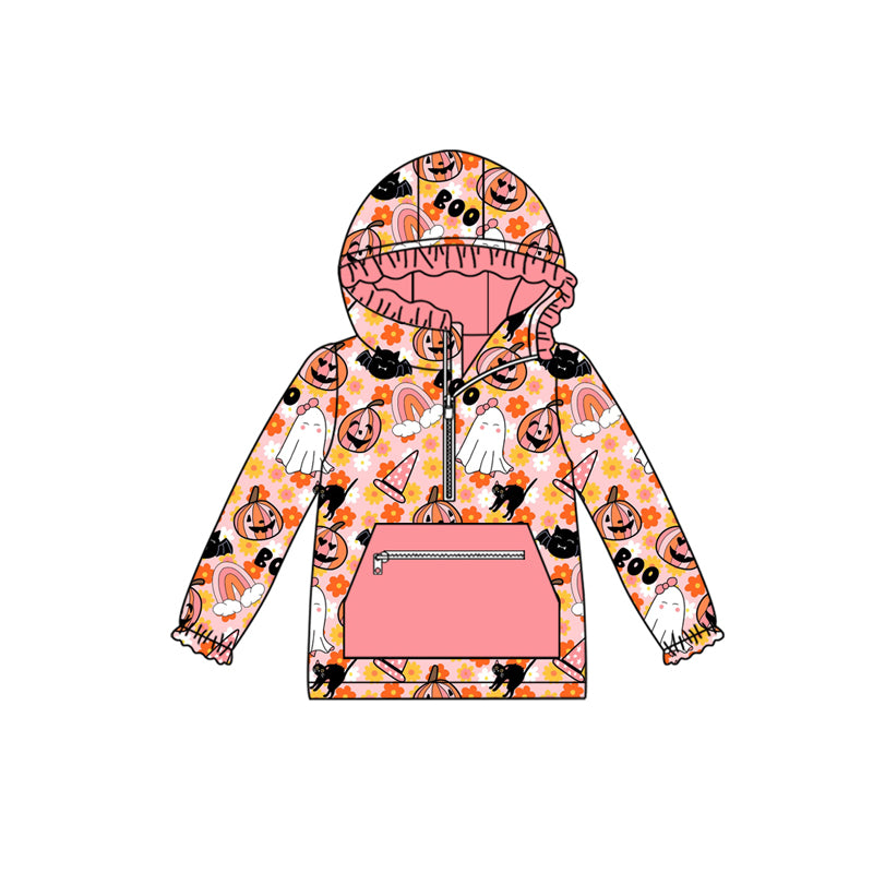 preorder(moq 5) Baby Girls Long Sleeves Flowers Ghost Pumpkins Pocket Zipper Hoodies Top