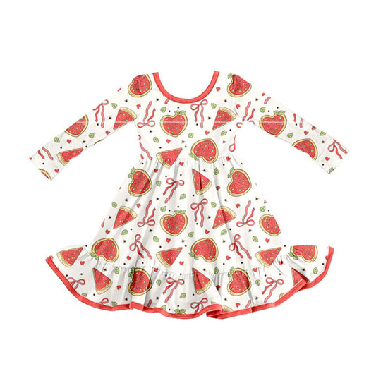 Preorder(moq 8)Baby Girls Long Sleeve Bows Watermelons Peaches Ruffle Knee Length Dresses