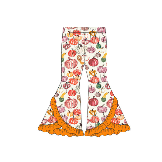 Preorder (moq 5)Baby Girls Colorful Pumpkins Fall Double Ruffle Bell Bottom Pants