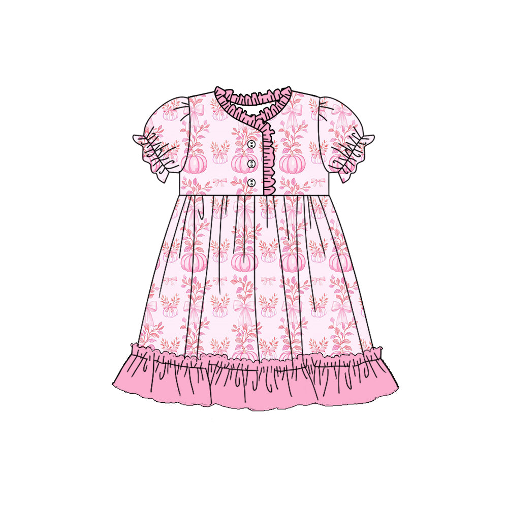 Preorder (moq 5)Baby Girls Pink Short Ruffle Sleeves Button Pumpkins Floral Knee Length Dresses