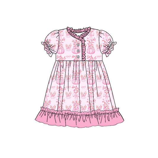 Preorder (moq 5)Baby Girls Pink Short Ruffle Sleeves Button Pumpkins Floral Knee Length Dresses