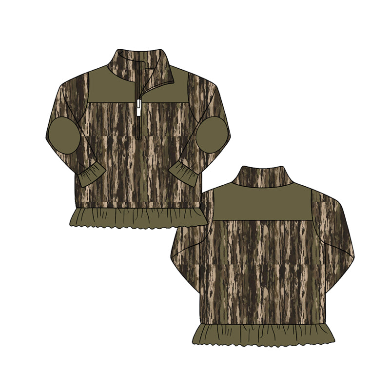 Preorder（moq 5）Girls’ Fall Thanksgiving Camo Half-Zip Top with Ruffle Hem Jacket