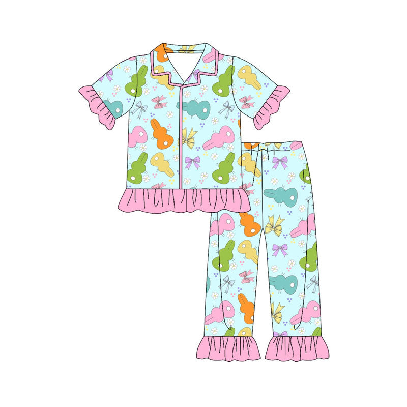 Preorder(moq 8)Baby Girls Colorful Bows Rabbits Button Top Ruffle Pants Easter Pajamas Sets