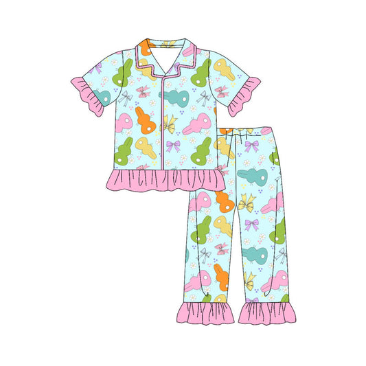 Preorder(moq 8)Baby Girls Colorful Bows Rabbits Button Top Ruffle Pants Easter Pajamas Sets