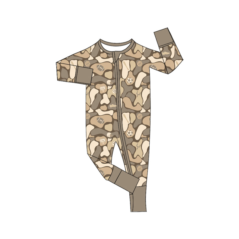 Preorder (moq 5) Baby Boy Clothes Neutral Camo Multi Sports Ball Print Zipper Footed Romper