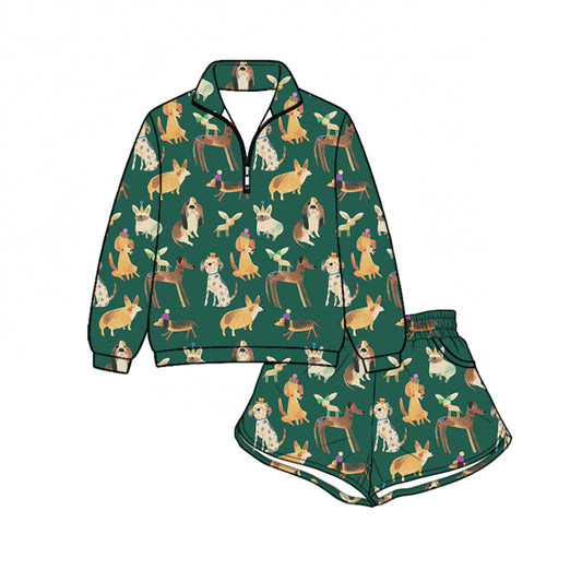 Preorder (moq 5)Baby Girls Dogs Gifts Zip Pullovers Pockets Short Clothes Set