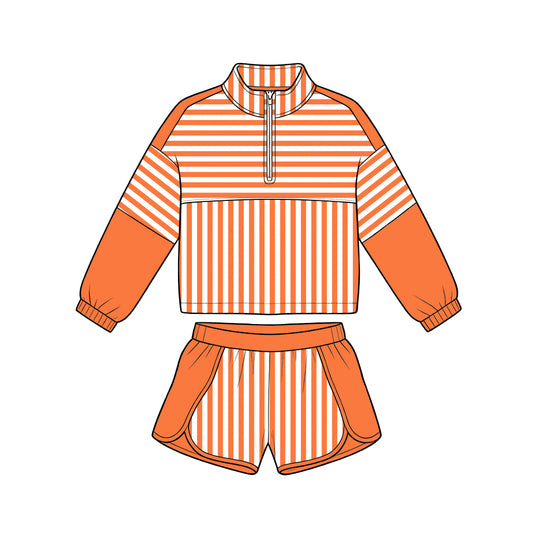 Preorder (moq 5)Baby Girls Long Sleeve Orange Stripe Zip Pullovers Short Clothes Set