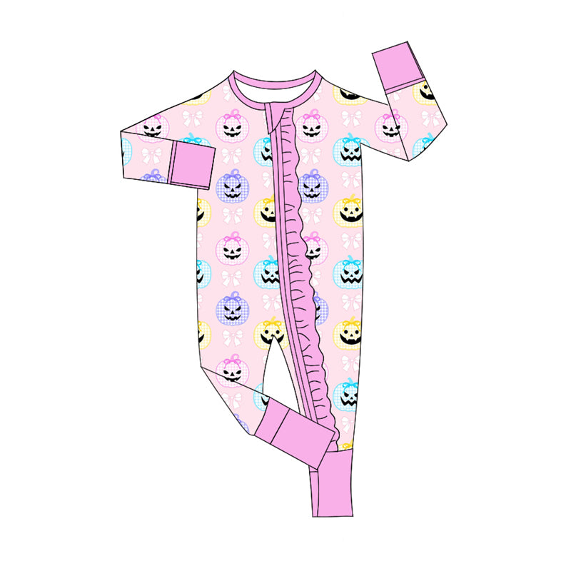 Preorder (moq 5)Baby Girls Pink Long Sleeves Bows Pumpkins Zipper Pant Rompers