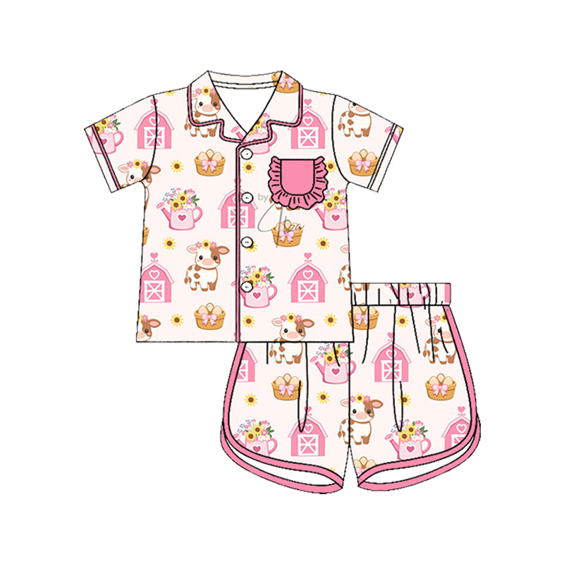Preorder (moq 5)Baby Girls House Flower Cows Button Pocket Top Short Farm Pajamas Sets