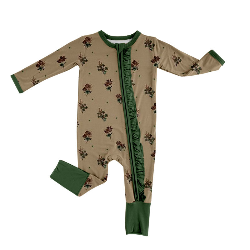 Preorder (moq 5) Baby Girl Clothes Khaki Wildflower Allover Print Long Sleeve Zip Ruffle Romper
