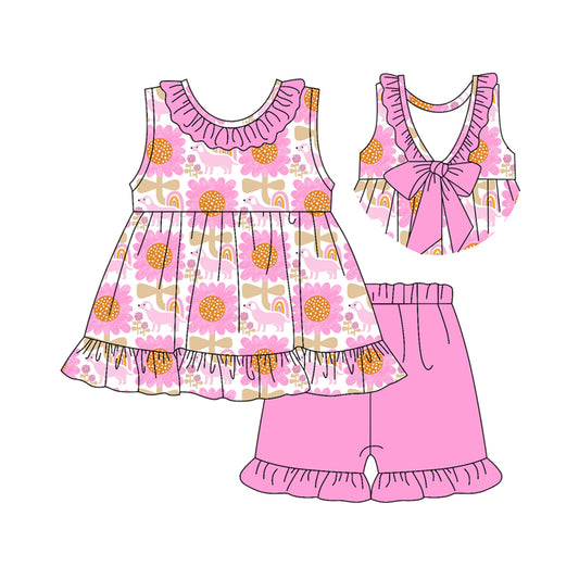 Preorder (moq 5)Baby Girls Pink Flowers Dogs Tunic Ruffle Shorts Clothes Sets