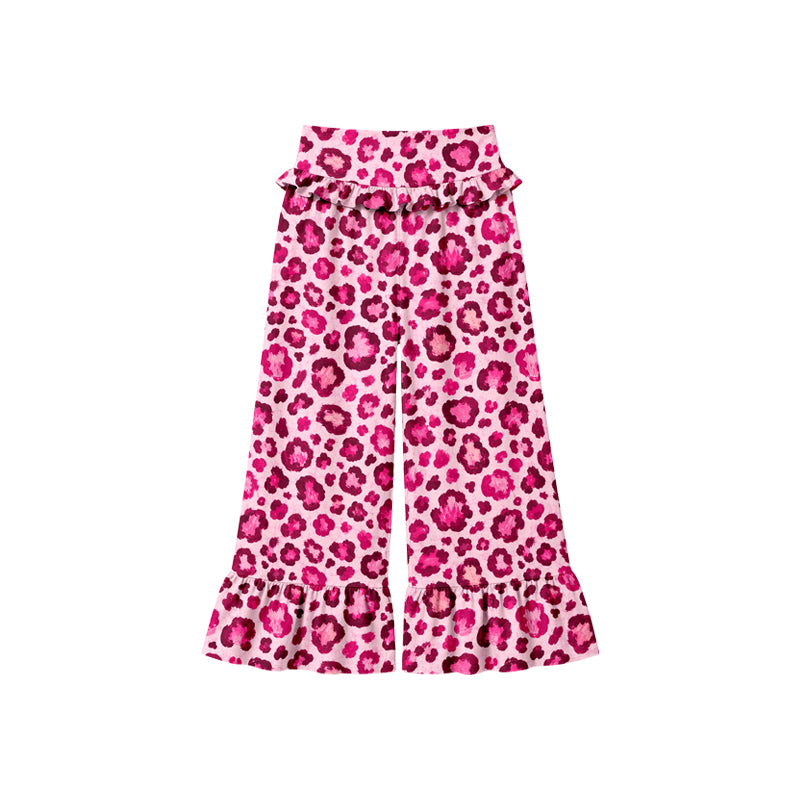 Preorder (moq 5) Baby Girl Clothes Pink Leopard Mixed Print Long Waist Ruffle Bell Bottom Pants
