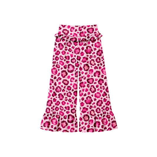 Preorder (moq 5) Baby Girl Clothes Pink Leopard Mixed Print Long Waist Ruffle Bell Bottom Pants