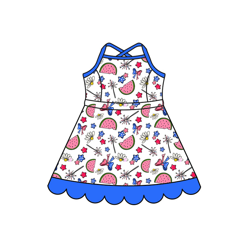 Preorder (moq 5)Baby Girls Strap Flag Bow Watermelons 4th of July Scallop Knee Length Dress