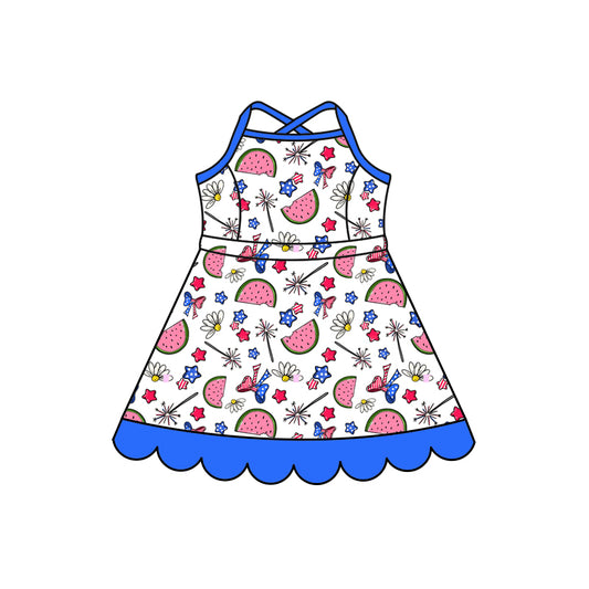 Preorder (moq 5)Baby Girls Strap Flag Bow Watermelons 4th of July Scallop Knee Length Dress