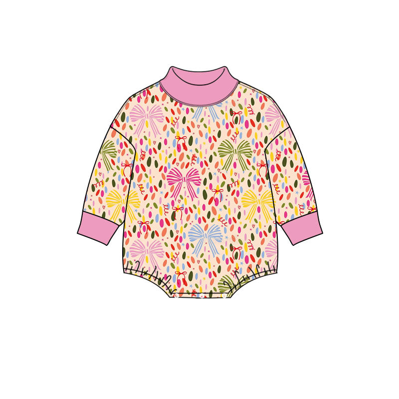 Preorder (moq 5) Baby Girl Clothes Confetti Bow Print Long Sleeve Mock Neck Baby Bodysuit