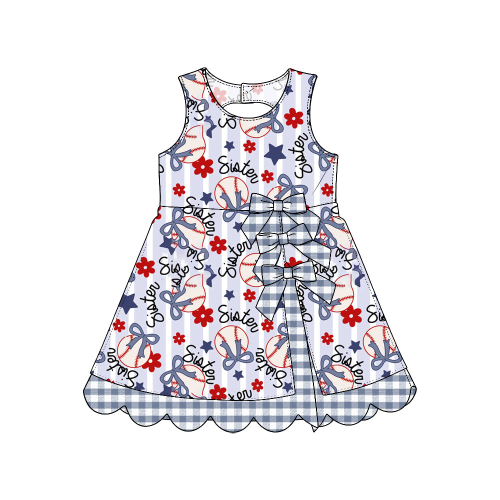 Preorder (moq 5) Baby Girl Clothes Baseball Sister Floral Stripe Mixed Print Sleeveless Dress