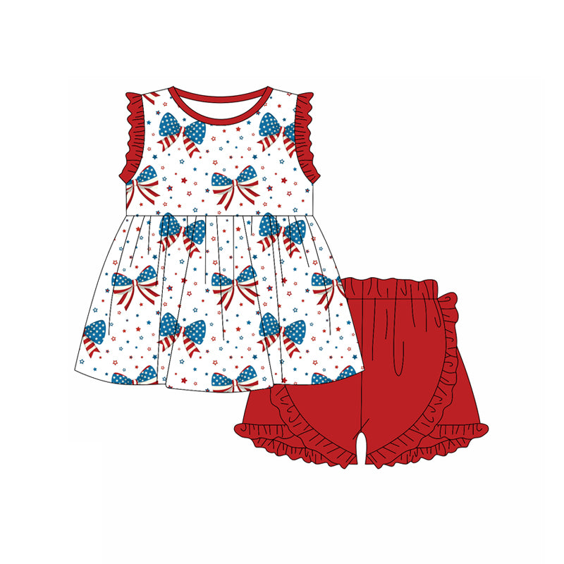 Preorder moq 5 Baby Girls Sleeveless Blue Red Stars Bows Tunic Ruffle Short 4th Of July Set