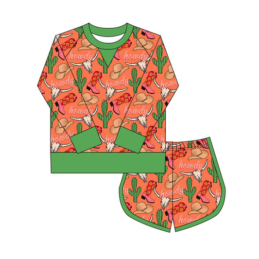 Preorder(moq 8)Baby Girls Howdy Hats Boots Cactus Long Sleeve Top Shorts Western Clothes Set