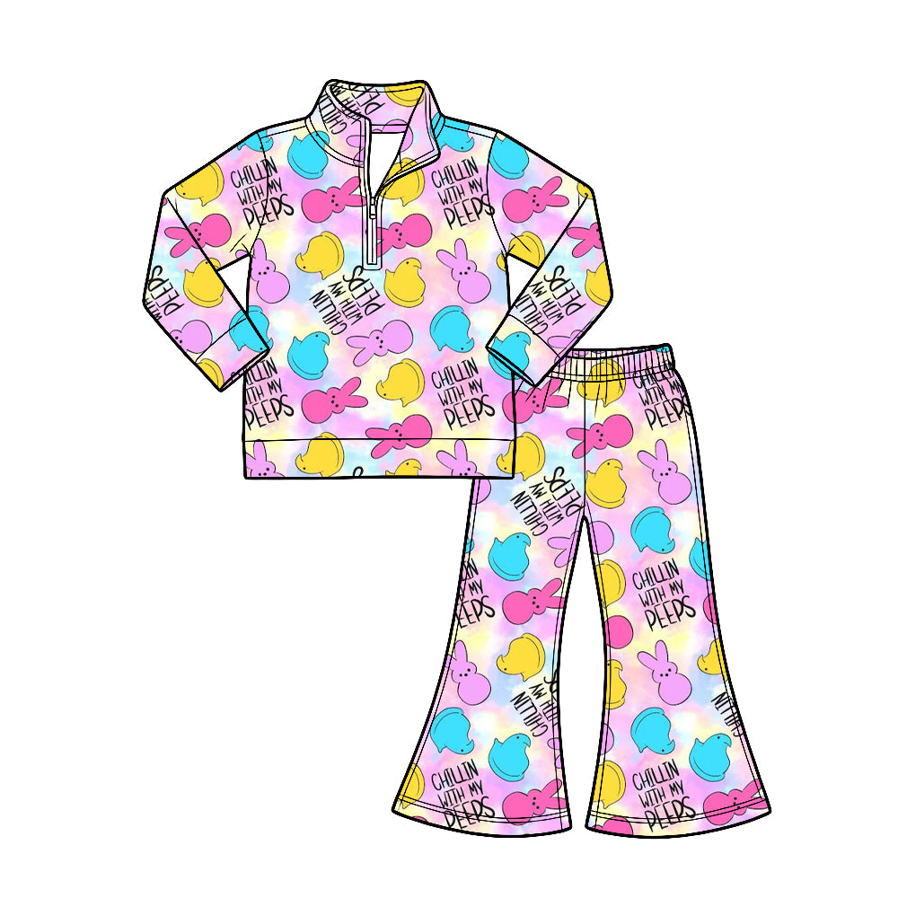 Preorder (moq 5) Baby Girl Clothes Easter Peeps Tie‑Dye Print Long‑sleeve Quarter Zip Top Flare Pants Set