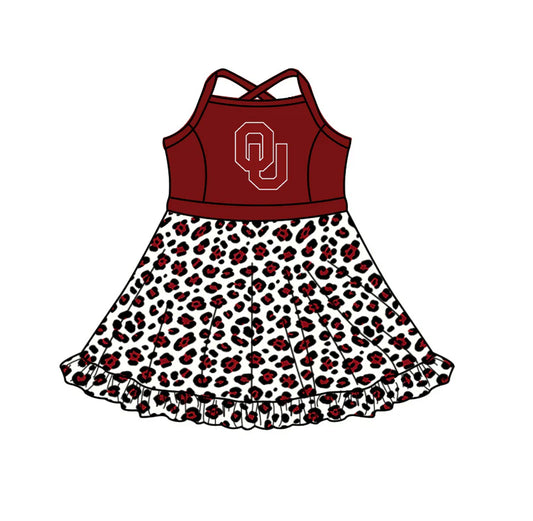 Preorder (custom moq 5)Baby Girls Strap Leopard OU Short Ruffle Team Knee length Dress