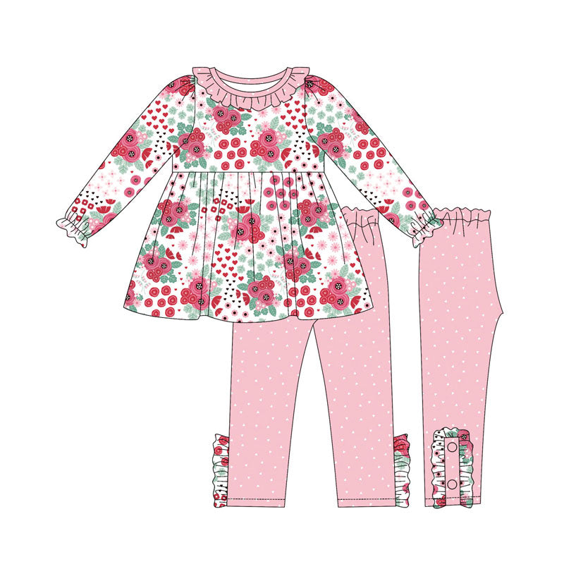 Preorder (moq 5)Baby Girls Pink Flowers Tunic Polka Dots Legging Pants Clothes Sets