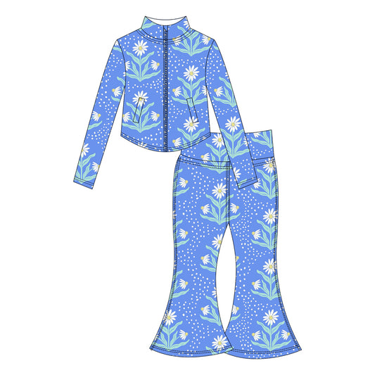 Preorder moq 10 Baby Girls Hot Blue Flowers Plaid Long Sleeves Pockets Zipper Top Bell Bottom Pant Activity Wear Yoga Set