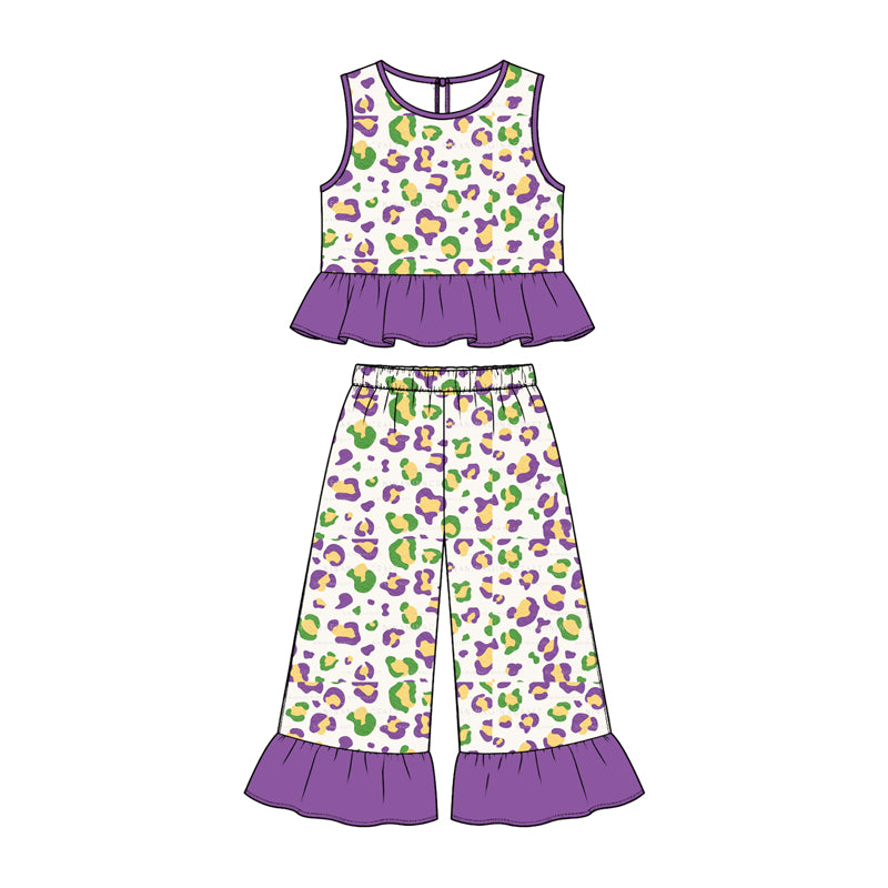 Preorder (moq 5) Baby Girl Clothes Mardi Gras Leopard Print Sleeveless Ruffle Top Flare Pant Set
