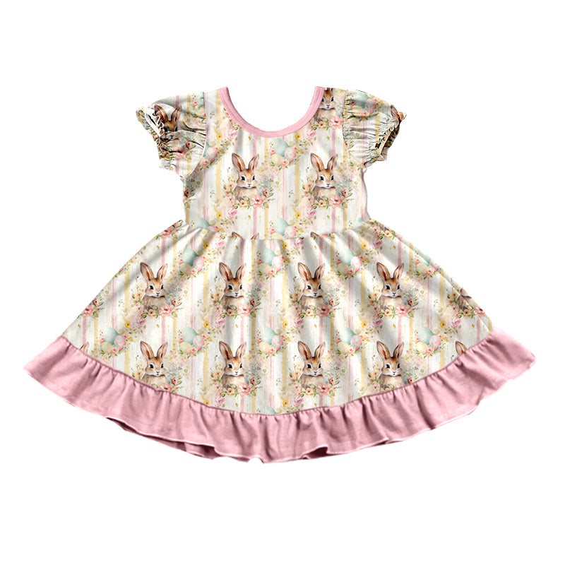 Preorder (moq 5) Baby Girl Clothes Easter Bunny Floral Egg Stripe Mixed Print Short Sleeve Ruffle Twirl Dress
