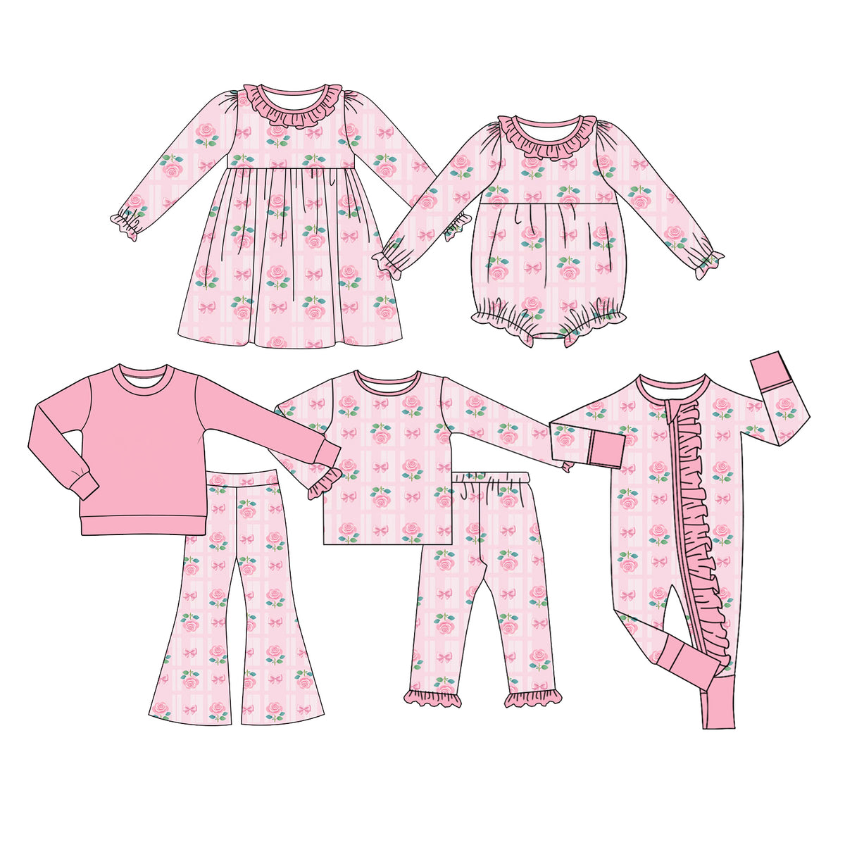 Preorder (moq 5) Baby Girl Clothes Rose Bow Plaid Print Ruffle Cuff Long Sleeve Pajama Set