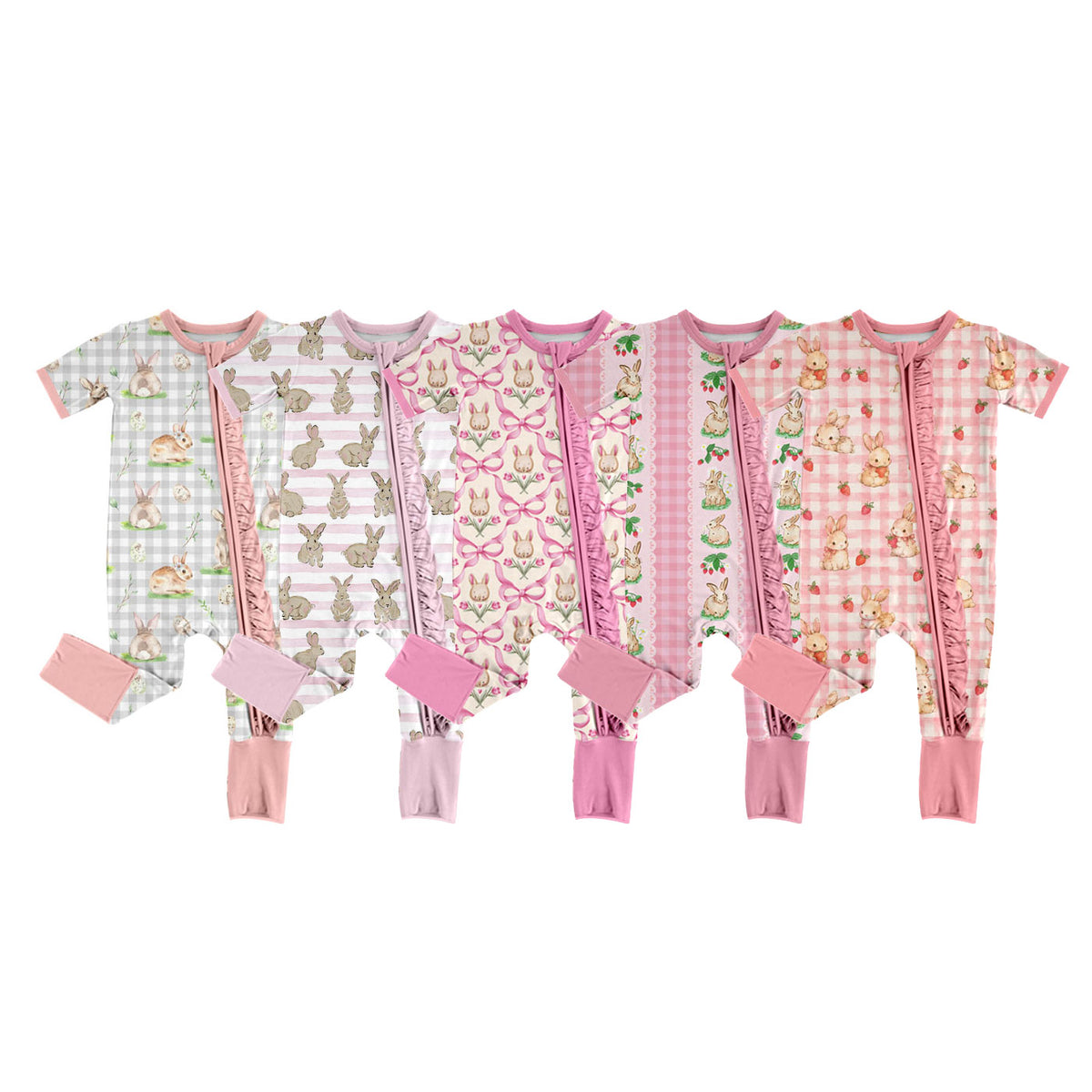 Preorder (moq 5) Baby Girl Clothes Easter Bunny Strawberry Gingham Mixed Print Short Sleeve Ruffle Zipper Romper
