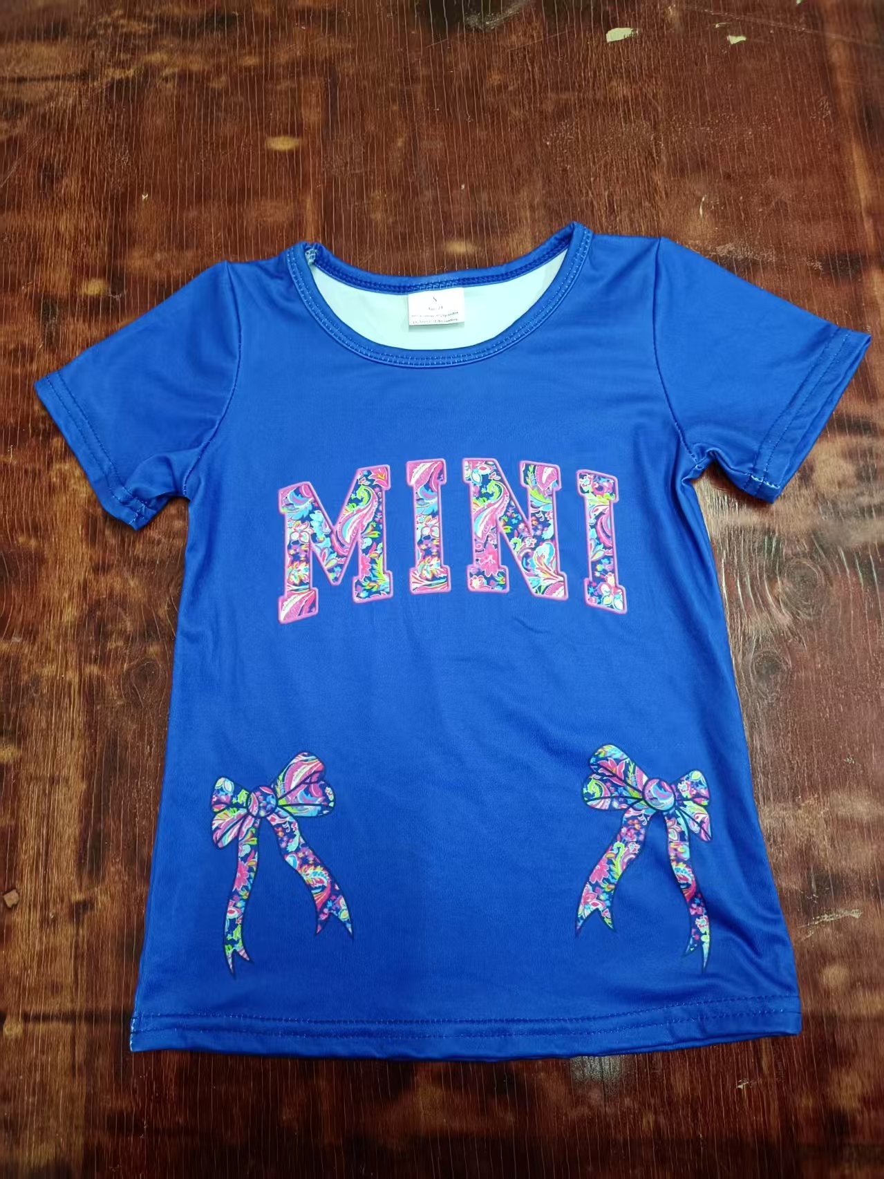 Preorder moq 5 Baby Girls Hot Blue Short Sleeves Floral MINI Bows Tee Shirts Top