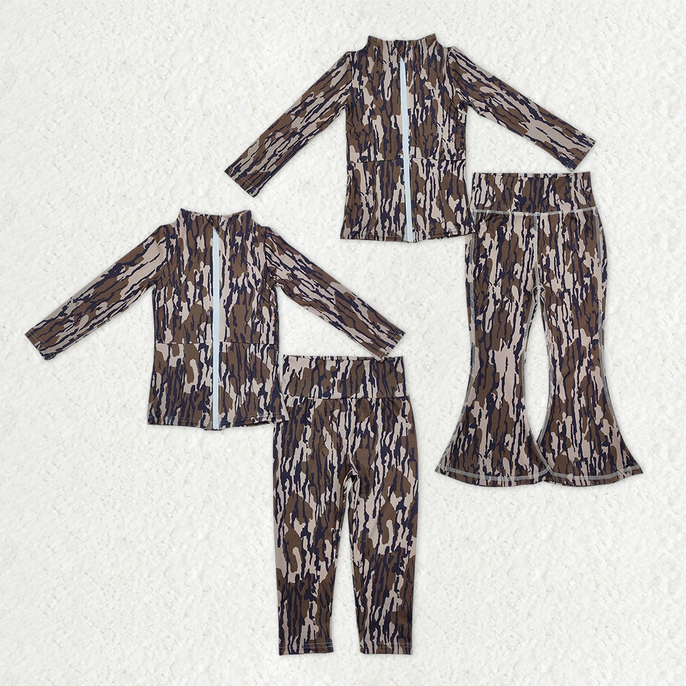 Sibling Baby Girls Southern Olive Camo Zip Pockets Jackets Pants Yoga Active Clothes Sets