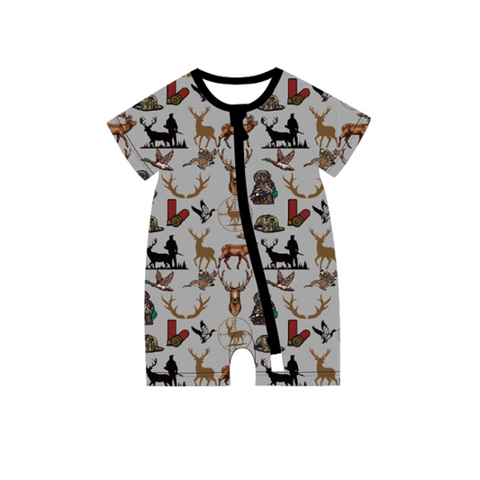 Preorder moq 5 Baby Boys Gray Short Sleeves Deer Ducks Hunting Zipper Rompers