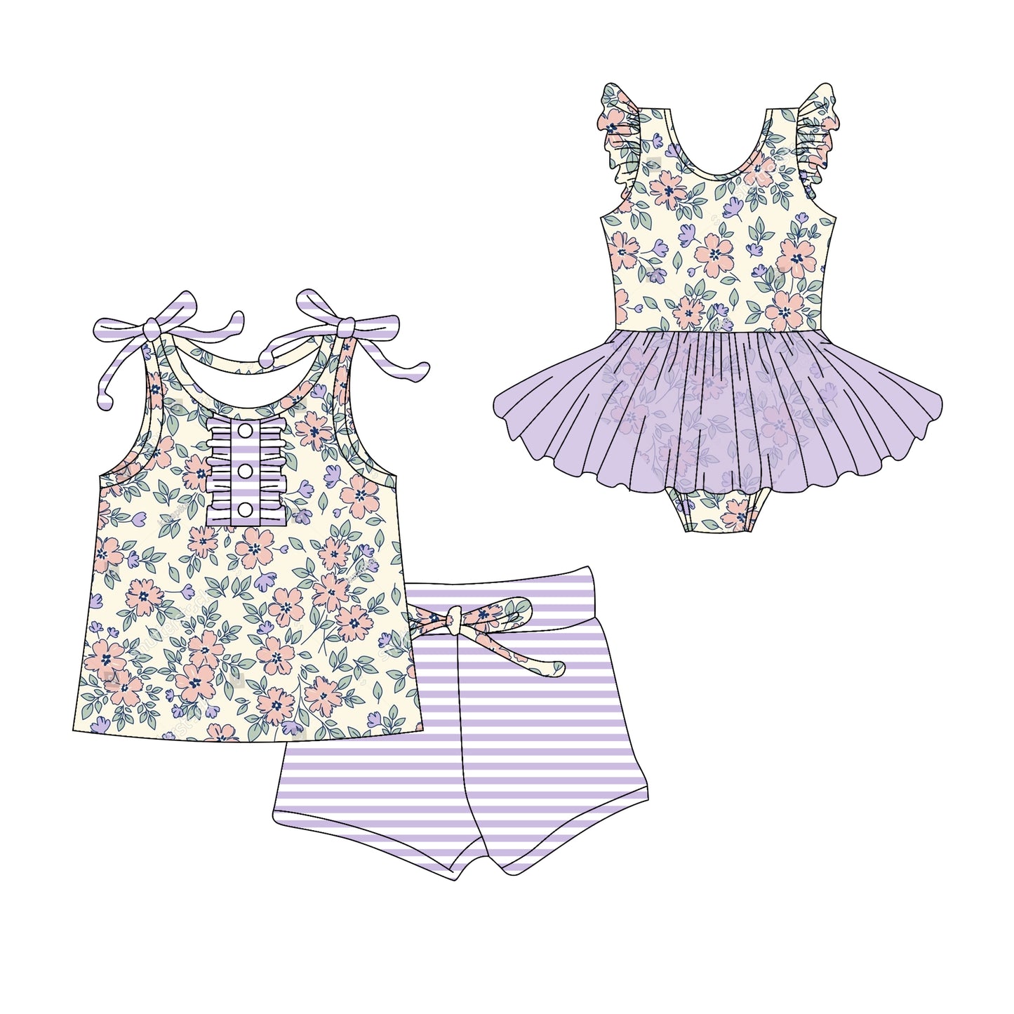 Preorder moq 5 Custom Baby Girls Lavender Strap Flowers Button Top Stripe Short Set Skort Bummise Romper