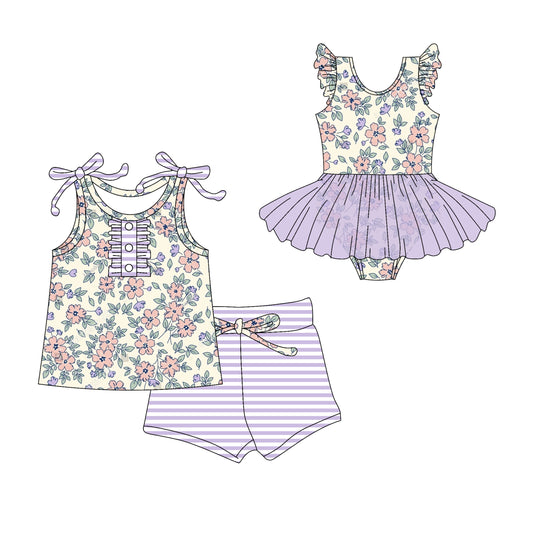 Preorder moq 5 Custom Baby Girls Lavender Strap Flowers Button Top Stripe Short Set Skort Bummise Romper
