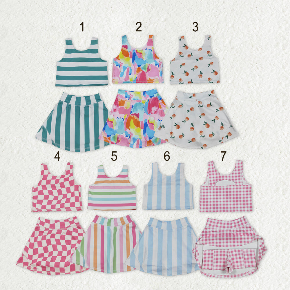 Sibling Baby Girls Sleeveless Stripe Checked Leopard Vest Top Yoga Athletic Skorts Sets