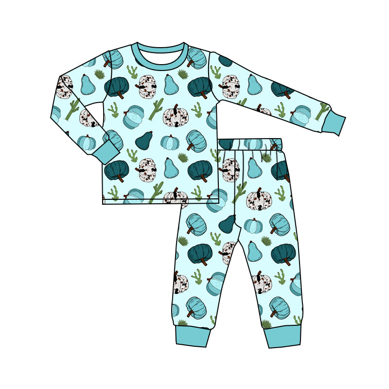 Baby Boys Blue Pumpkin Shirt Pants Pajamas Clothes Sets Preorder(moq 5)