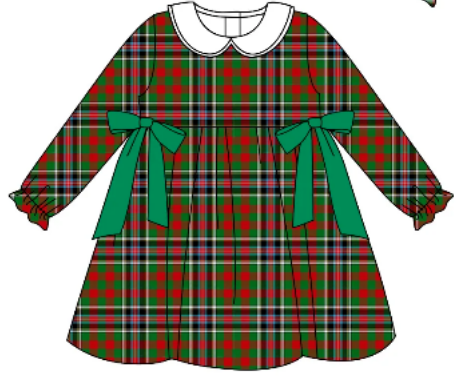 Preorder (moq 5)Baby Girls Green Red Checked Bows Christmas Knee Length Dresses