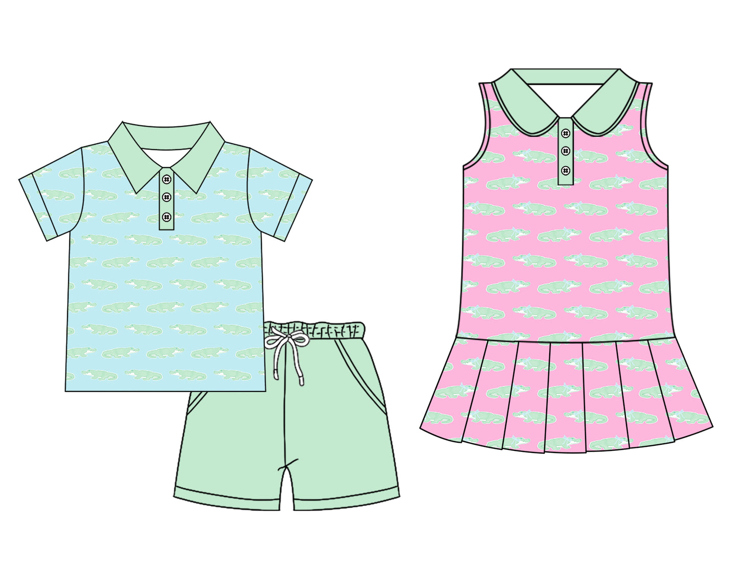Preorder moq 5 (each item)Baby Boys Girls Crocodiles Plaid Button Shorts Hunting Pajamas Set Knee Length Dress
