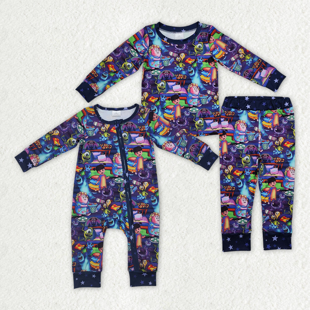 Sibling Baby Girls Cartoon Monster Purple Rompers Pajamas
