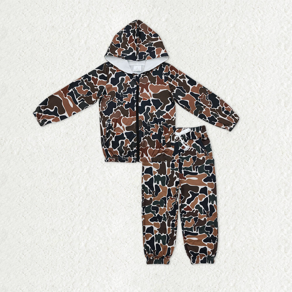 Baby Boys Dark Brown Camo Pockets Hoodie Jackets Jogger Pants Western Clothes Sets