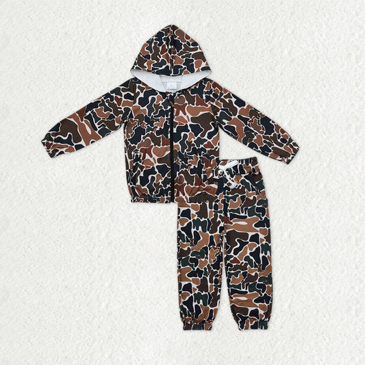 Baby Boys Dark Brown Camo Pockets Hoodie Jackets Jogger Pants Western Clothes Sets