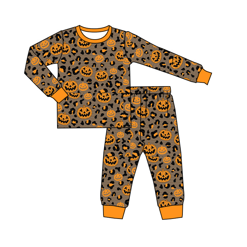 Baby Boys Halloween Pumpkin Leopard Tee Top Pants Pajamas Outfits Preorder(moq 5)