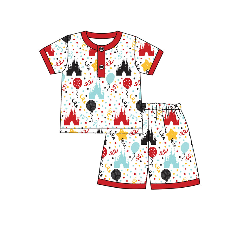 Preorder (moq 5)Baby Boys Red Tee Top Castle Shorts Pajamas