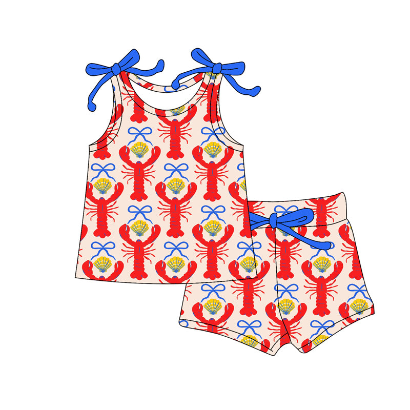 Preorder (moq 5)Baby Girls Sleeveless Bows Crayfishes Shells Top Shorts Clothes Sets