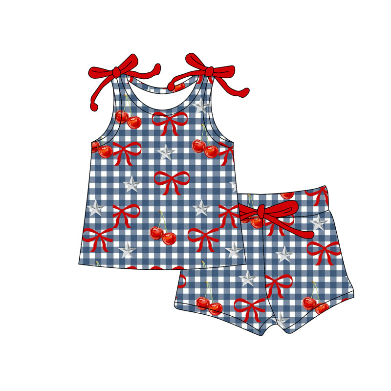 Preorder (moq 5)Baby Girls Blue Checked Stars Cherry Top Shorts 4th of July Clothes Sets