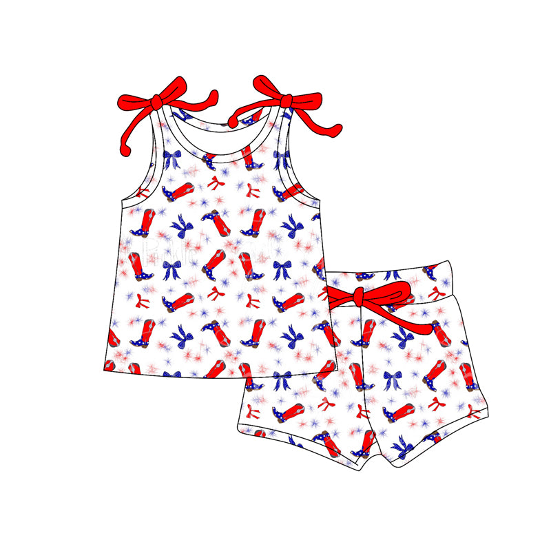 Preorder (moq 5)Baby Girls Red Blue Bows Boots Stars Top Shorts 4th of July Clothes Sets